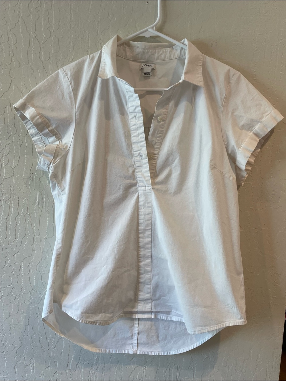 J.Crew White Stretch Cotton Popover Shirt Short Sleeve Collared Top Women's L